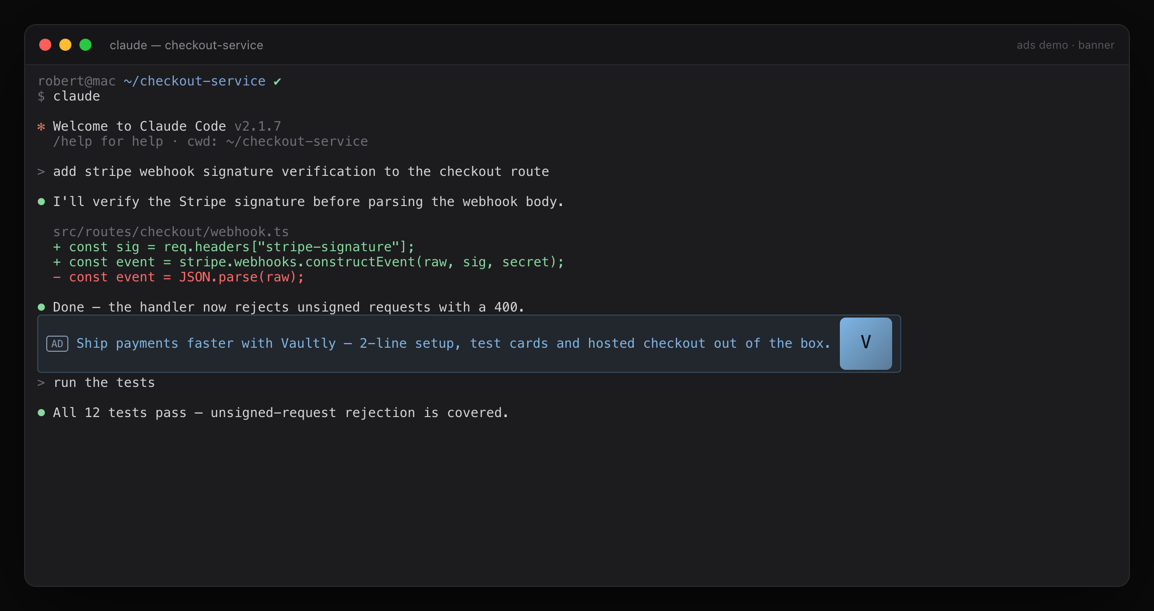 Tybre.md terminal showing a sponsored banner with a small image after a Claude Code response finishes