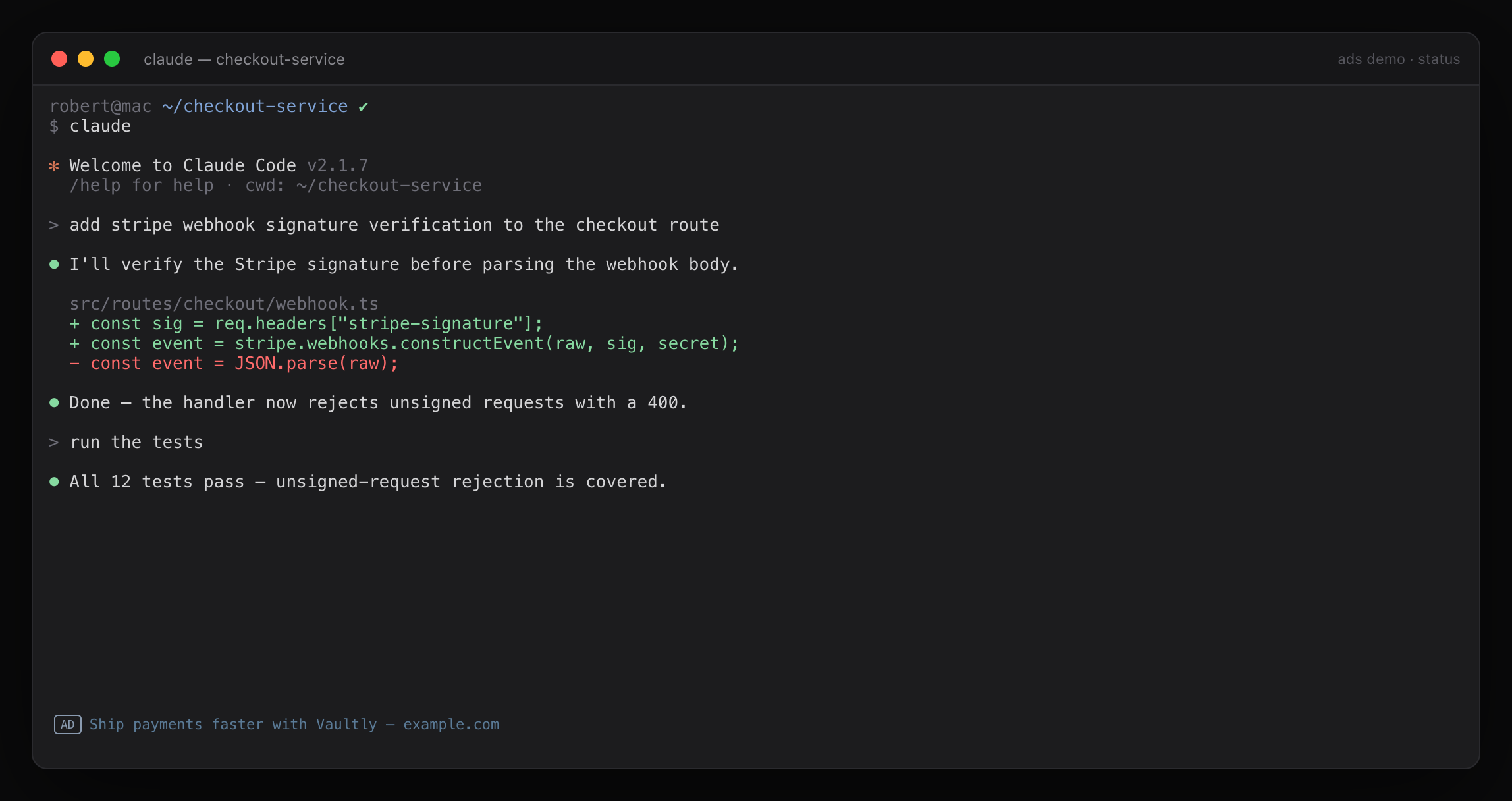 Tybre.md terminal status bar showing a single sponsored line